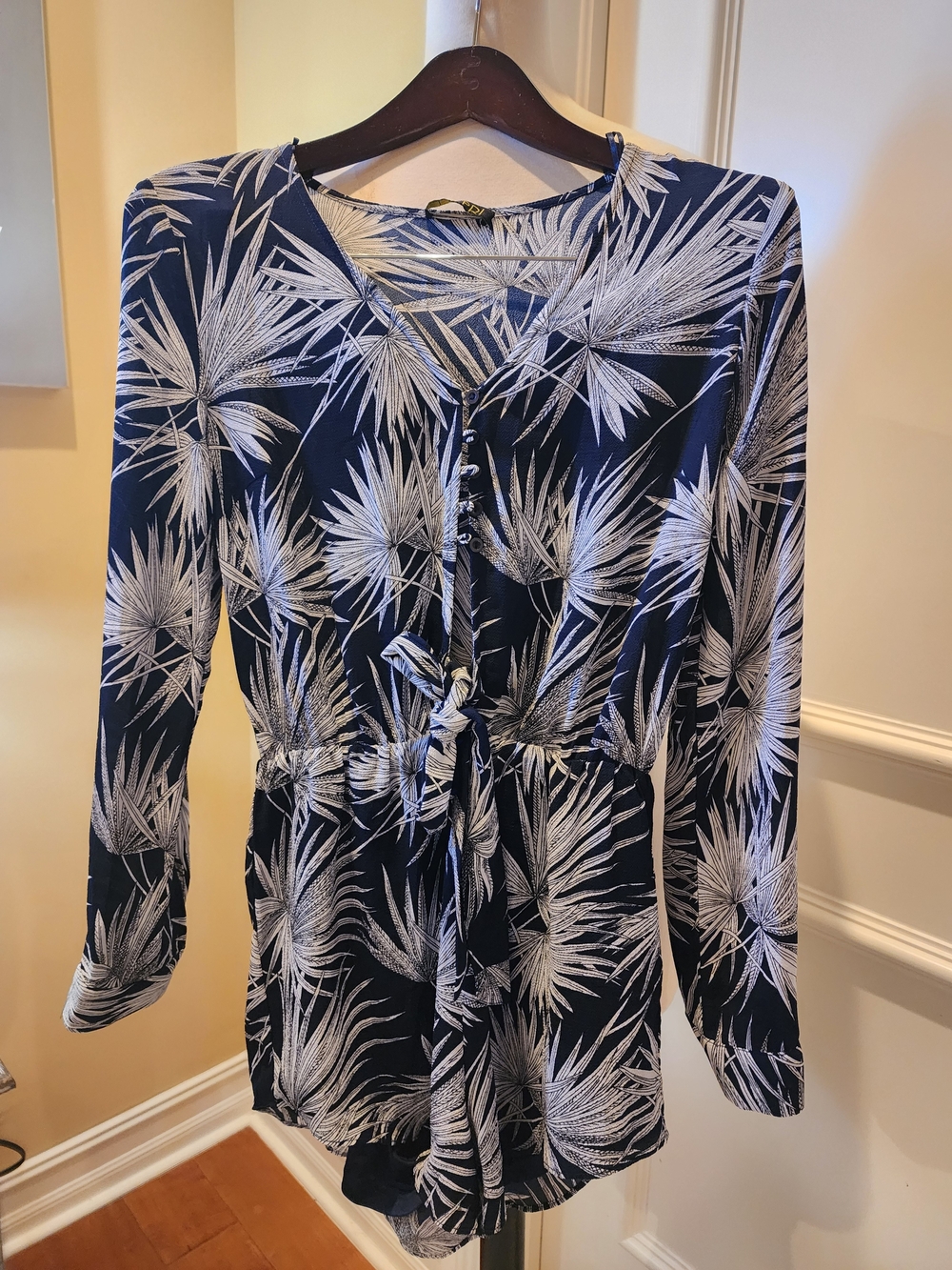 Women's Navy Blue Floral Print Tie-Waist Jumpsuit Romper